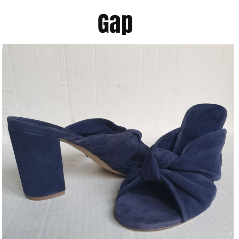 Gap Navy Blue Suede Slip-On Open Toe Block Heel Mules with Knot Detail Sz 6.5